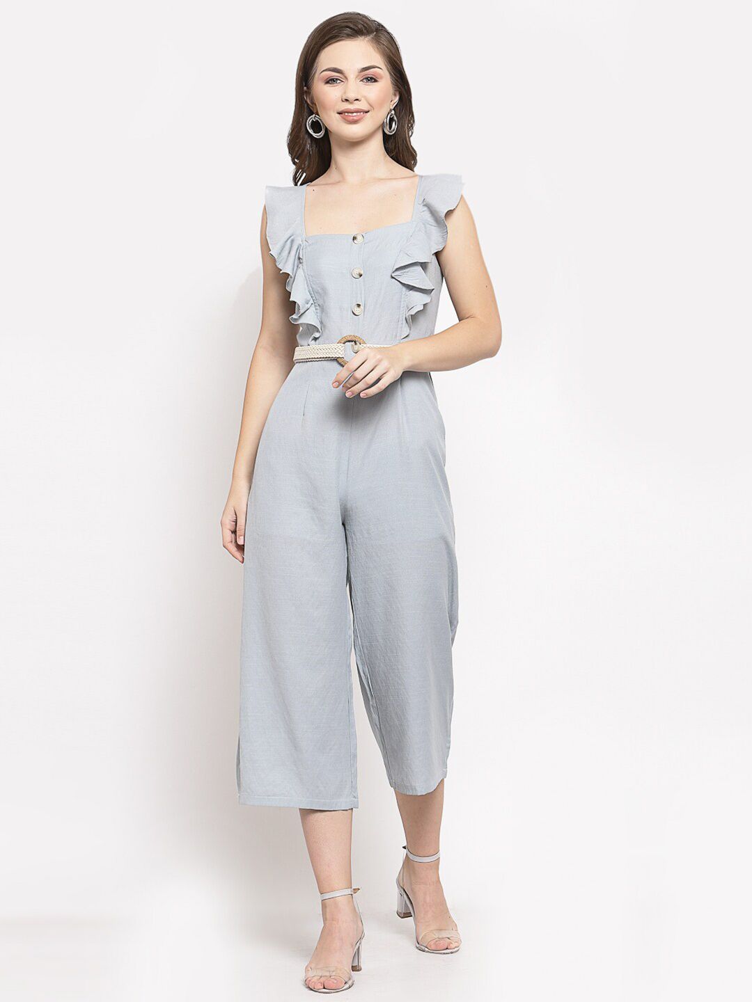 Mafadeny Grey Solid Cotton Culotte Jumpsuit with Ruffles Price in India