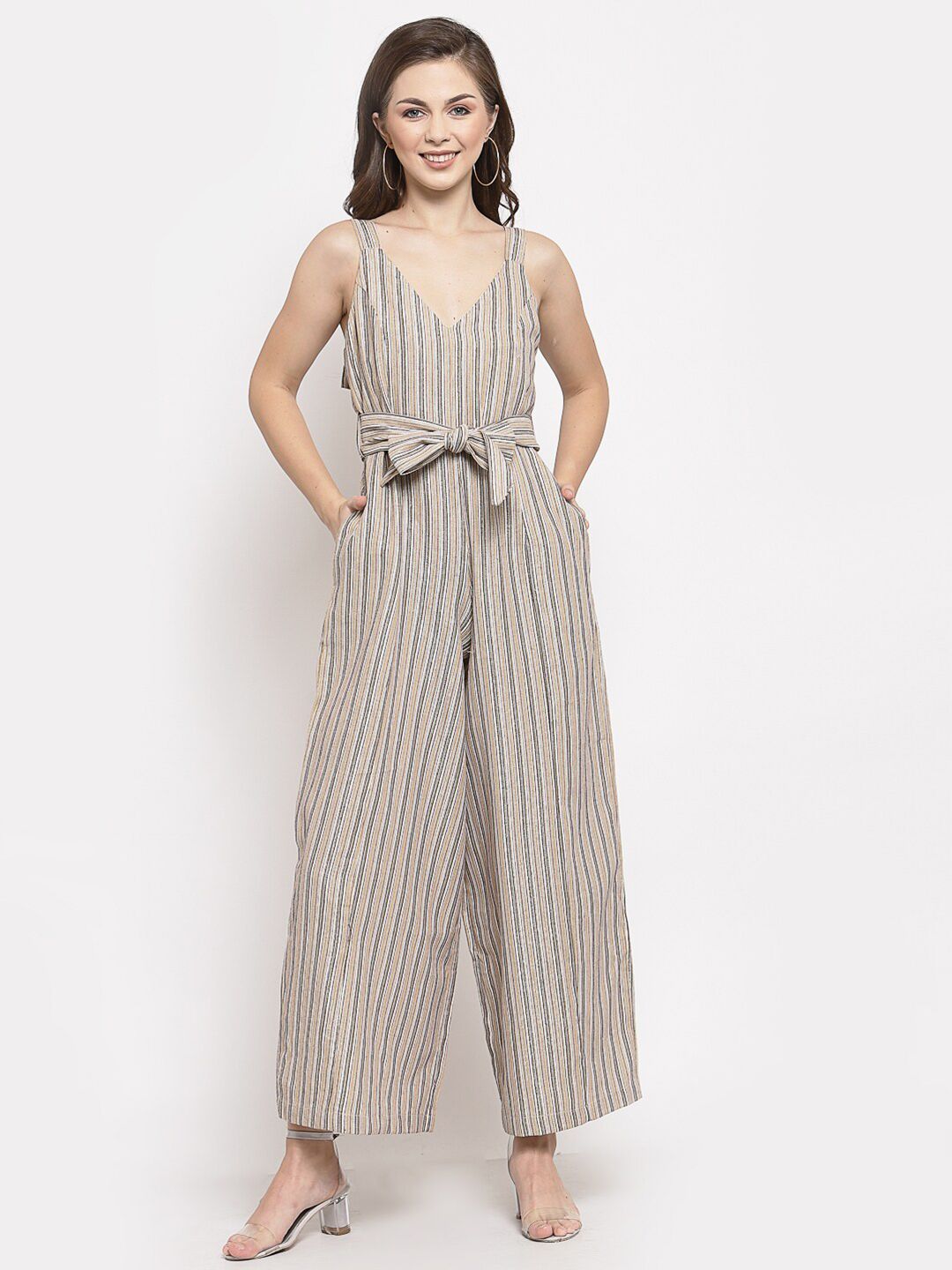 Mafadeny Khaki & Grey Striped Basic Jumpsuit Price in India