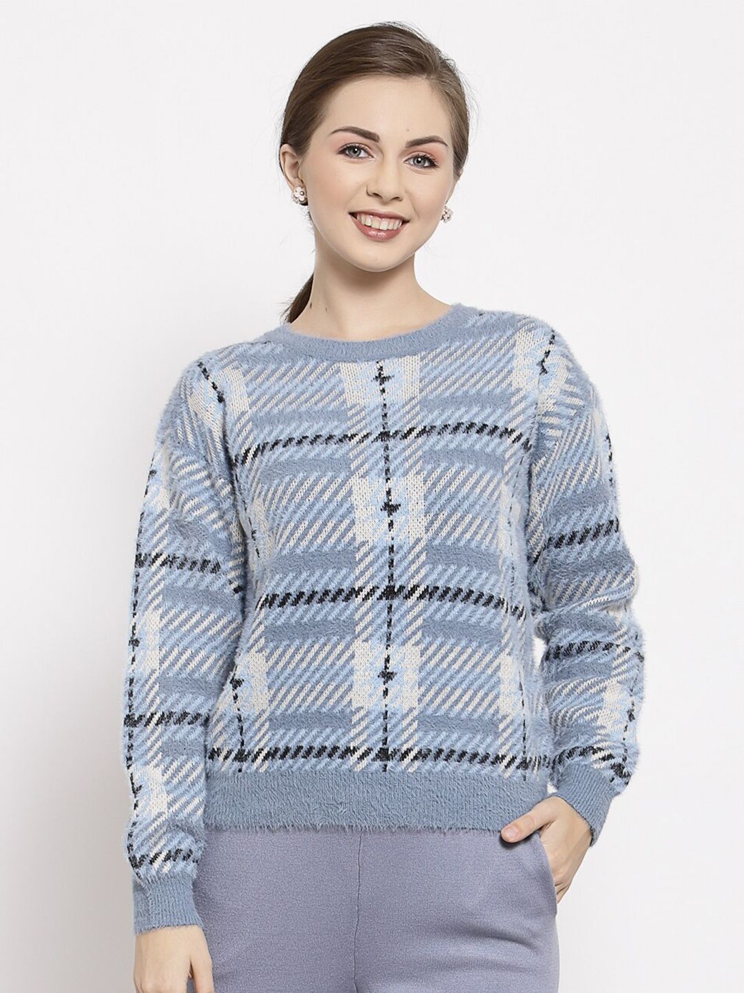 Mafadeny Women Blue & Grey Checked Pullover Price in India