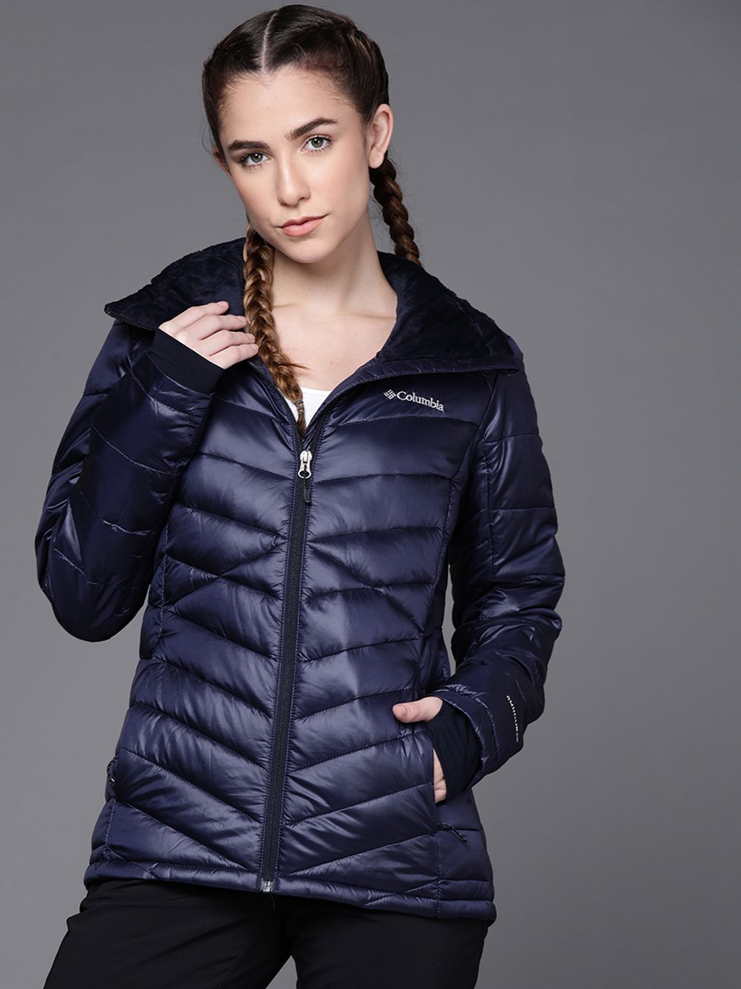 Columbia Women Navy Blue Reflective Strip Outdoor Padded Jacket with Omni Heat Price in India