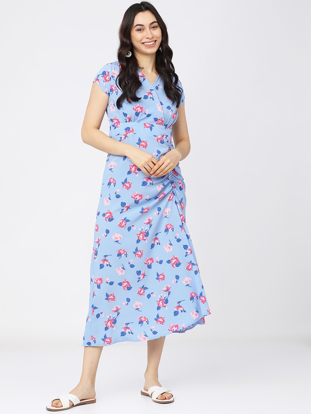 Tokyo Talkies Blue & Pink Floral A-Line Midi Dress Price in India