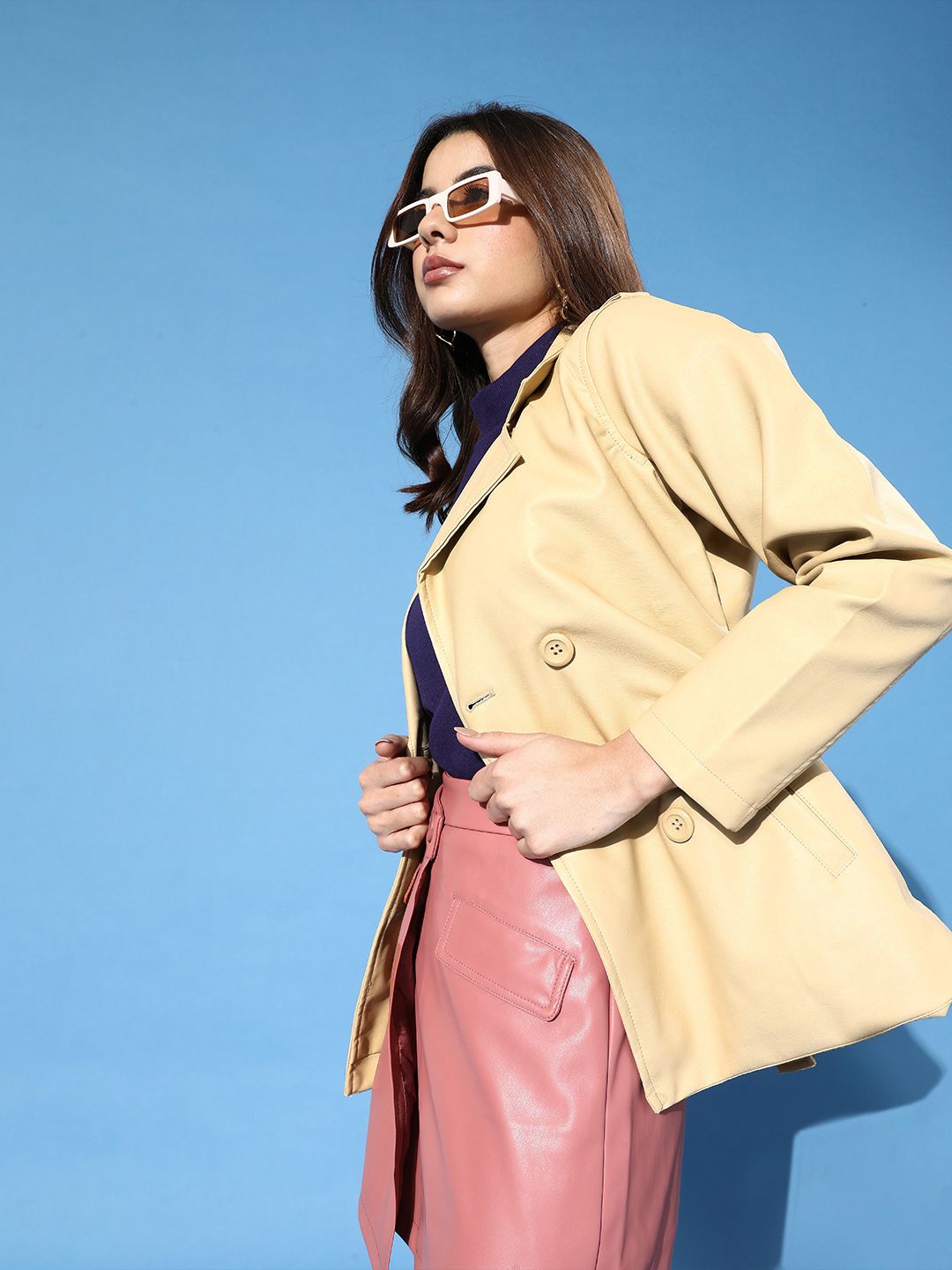 Tokyo Talkies Women Beige Leather Longline Tailored Jacket Price in India