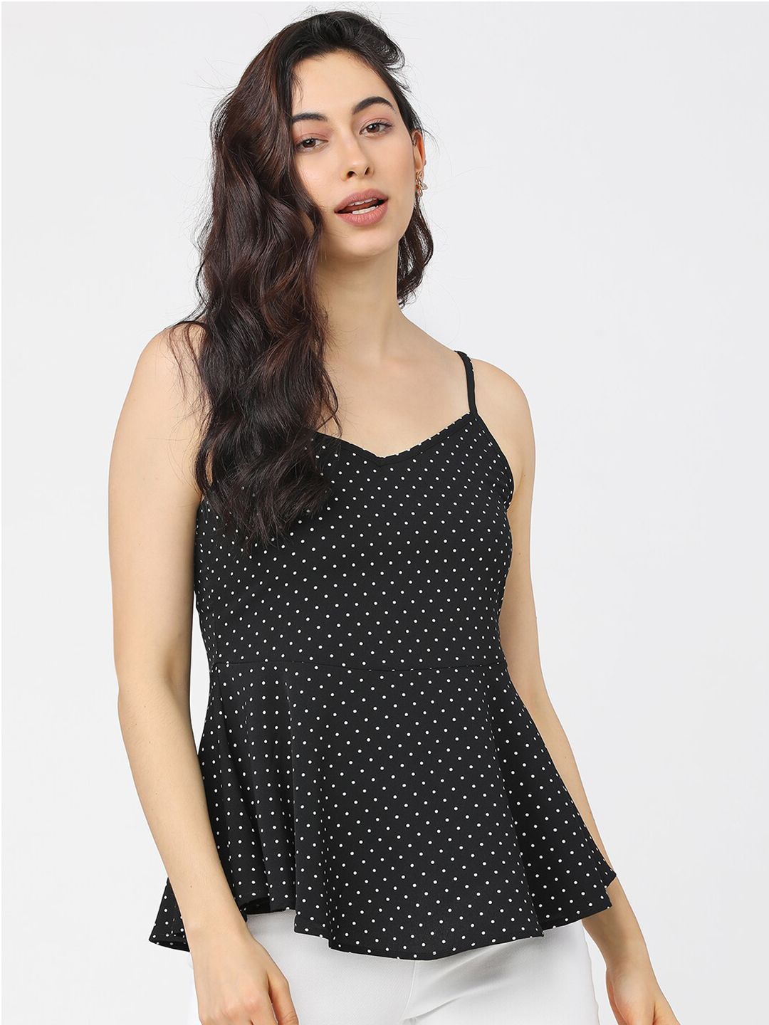 Tokyo Talkies Black & White Polka Dots Printed Peplum Top Price in India