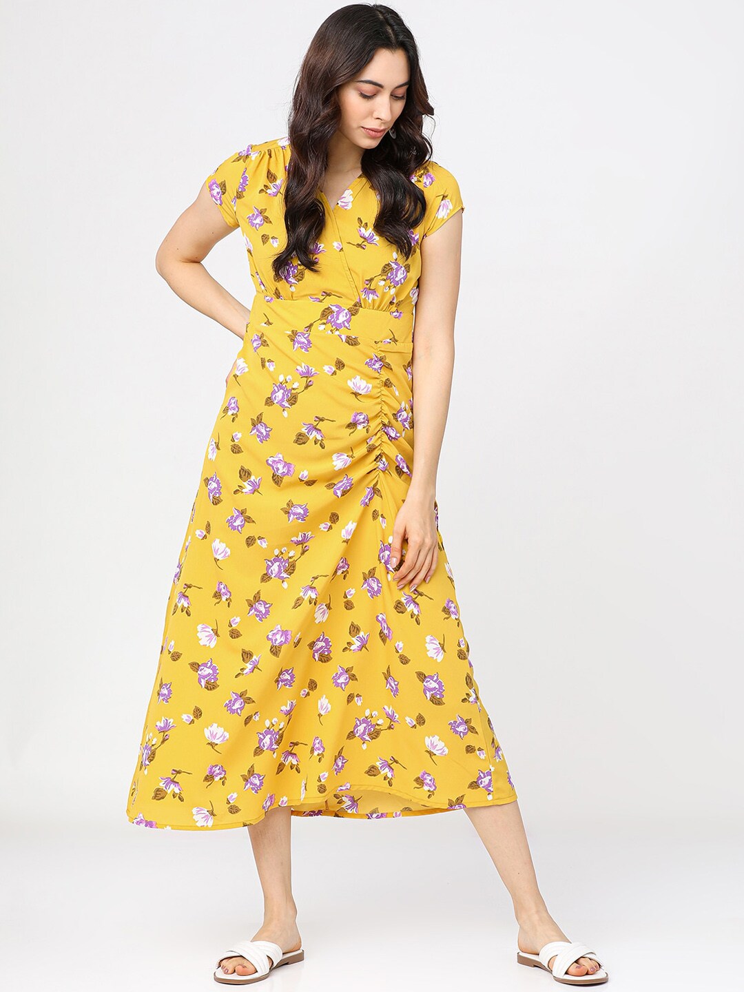 Tokyo Talkies Yellow Floral A-Line Midi Dress Price in India