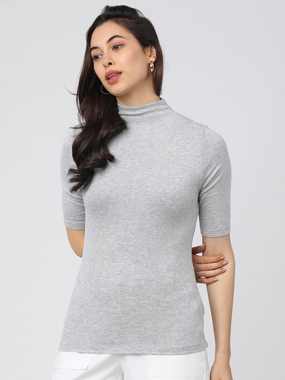 Tokyo Talkies Grey High Neck Fitted Top Price in India