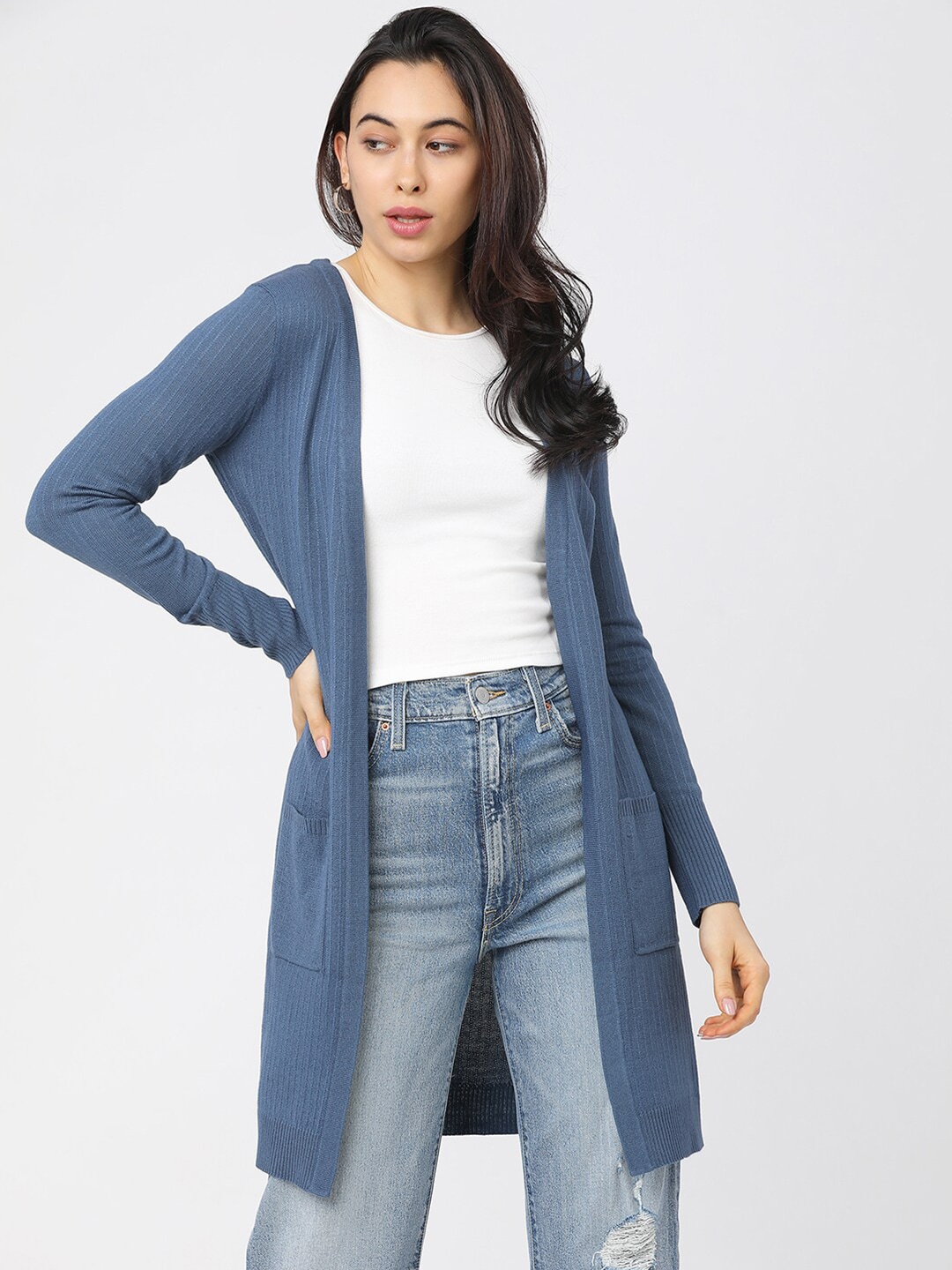 Tokyo Talkies Women Blue Ribbed Longline Front Open Acrylic Sweater Price in India