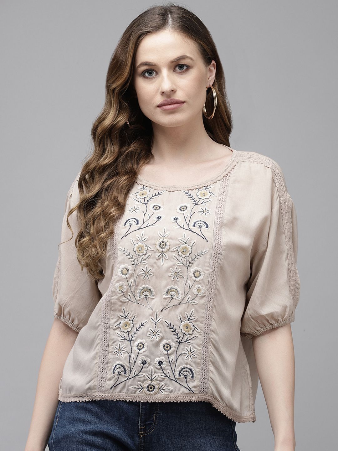 Ishin Beige Floral Embroidered Bishop Sleeves Victorian Regular Crop Top