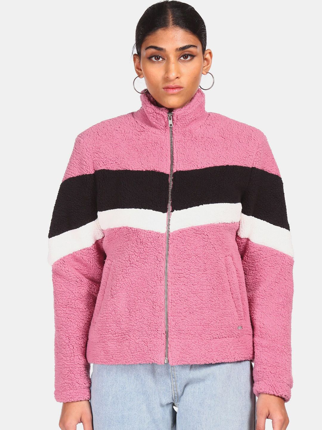 Flying Machine Women Pink Colourblocked Crop Tailored Jacket Price in India