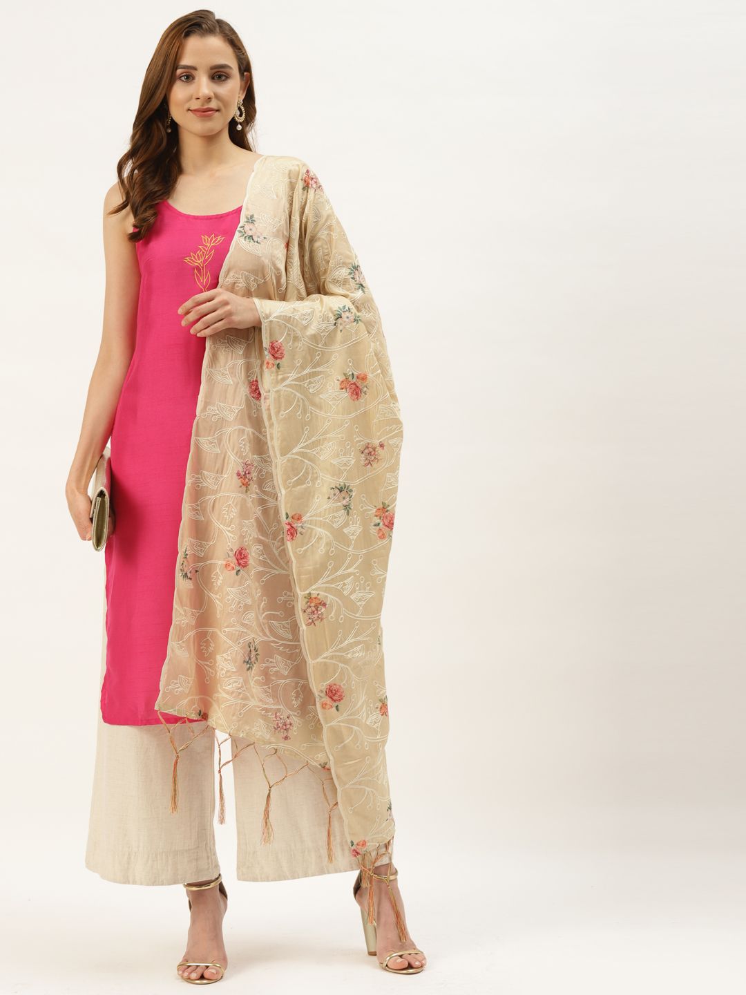 VAABA Beige Embroidered Art Silk Dupatta Price in India