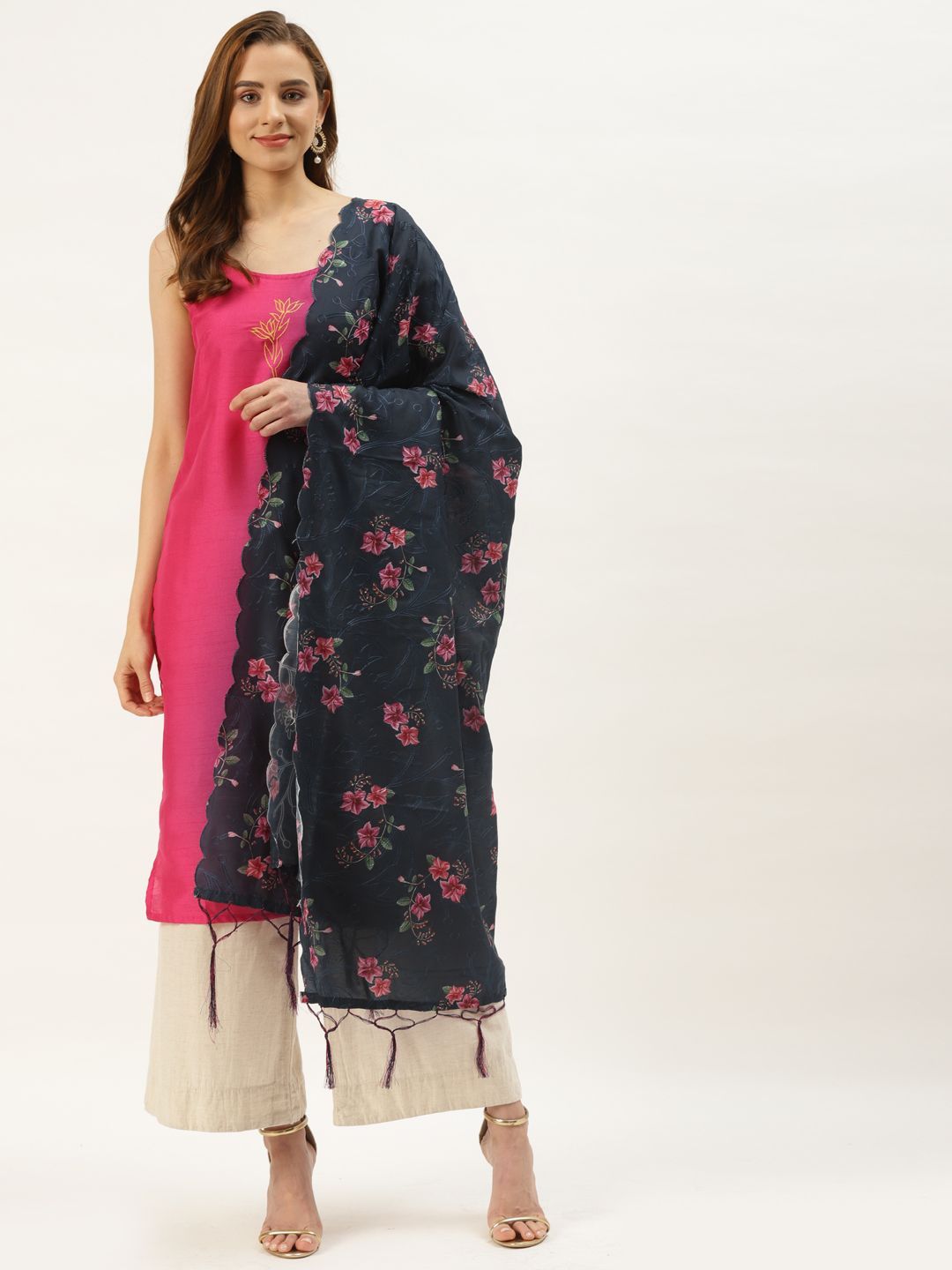 VAABA Navy Blue & Pink Floral Embroidered Cotton Silk Dupatta Price in India