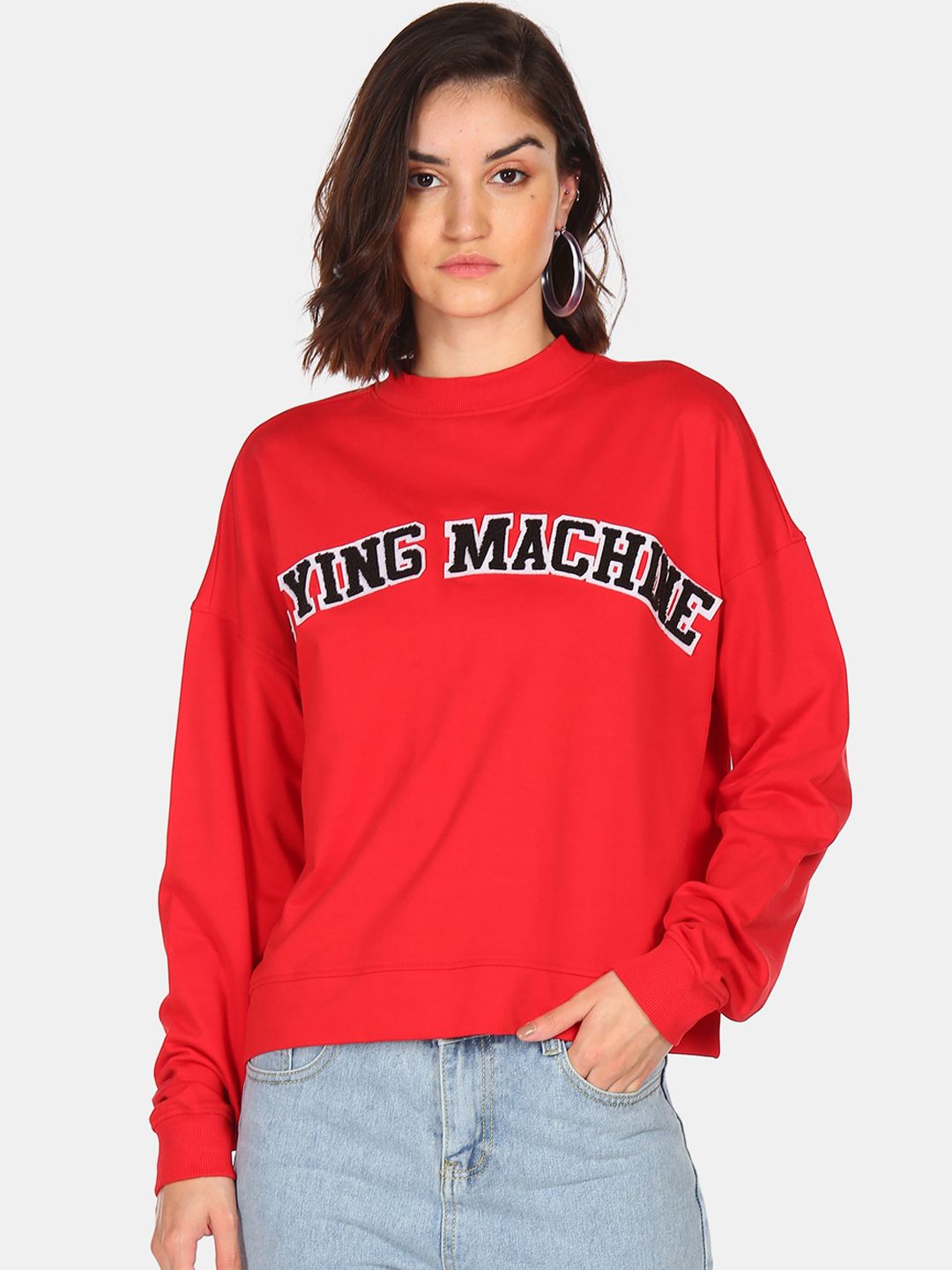 Flying Machine Women Red & Black Brand Logo Print Sweatshirt Price in India