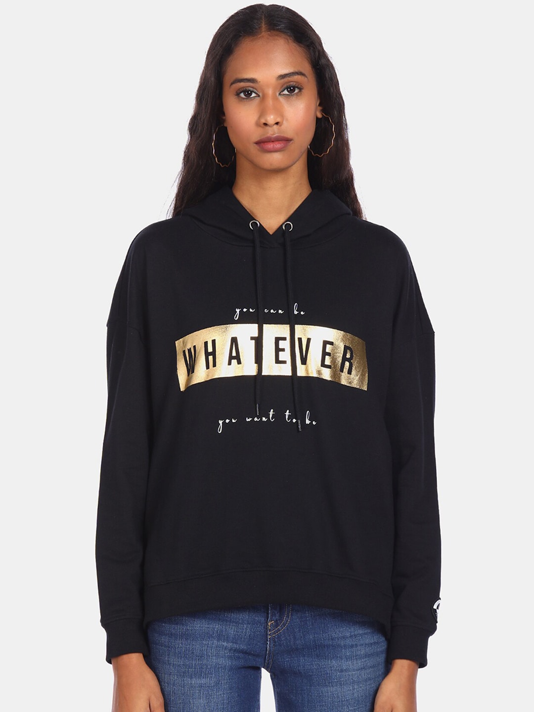 Flying Machine Women Black Printed Hooded Sweatshirt Price in India