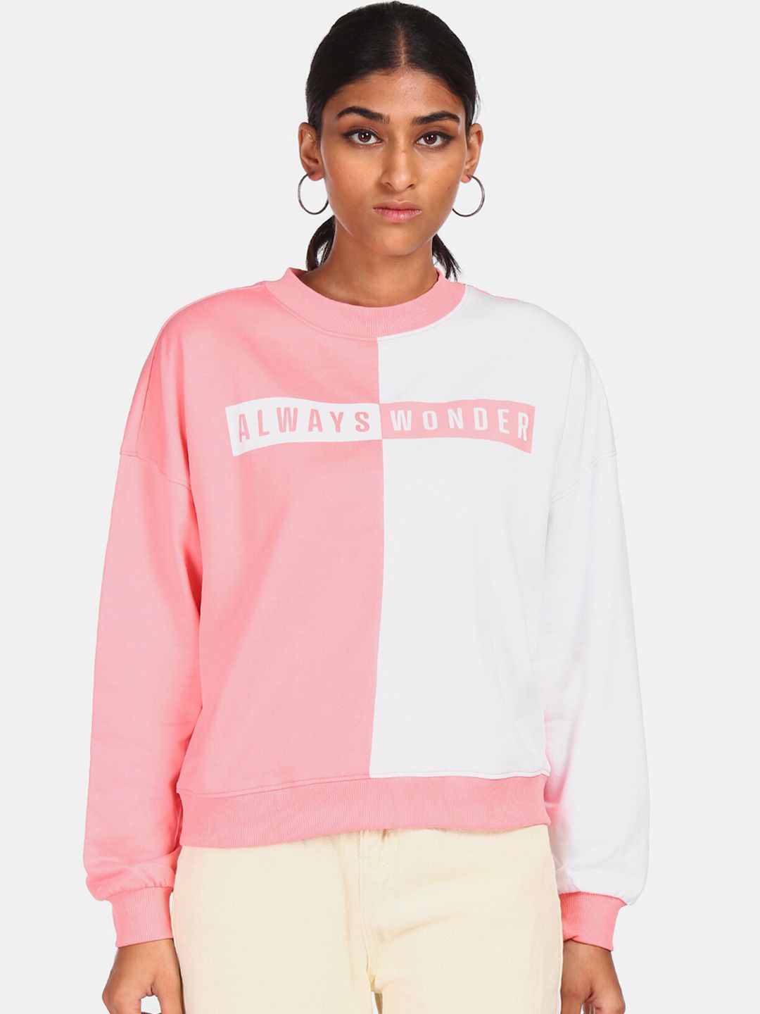 Flying Machine Women Pure Cotton Pink & White Colourblocked Printed Sweatshirt Price in India