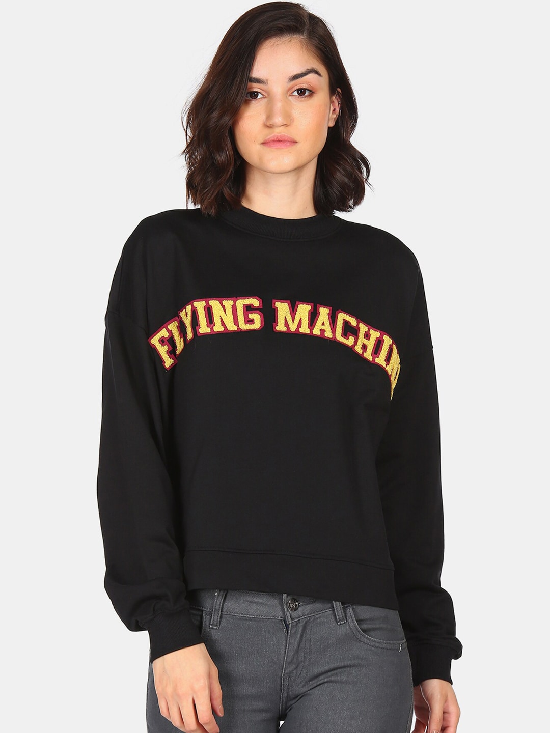 Flying Machine Women Black Typography Embroidered Pure Cotton Sweatshirt Price in India