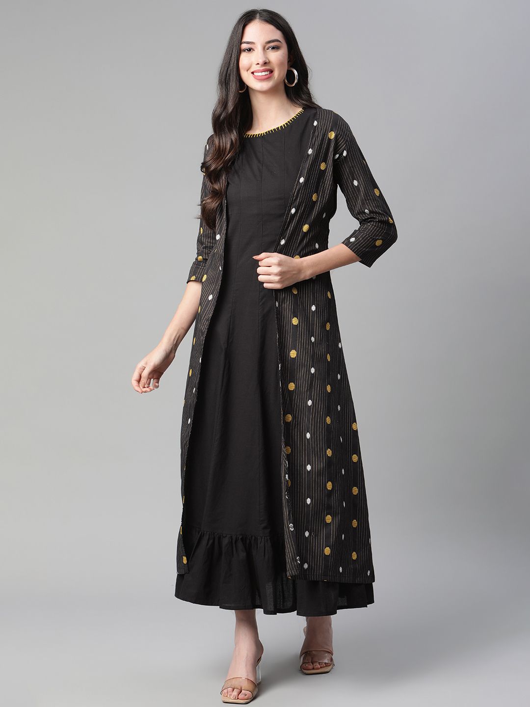 Rangriti Black Layered Ethnic Style Cotton A-Line Maxi Dress Price in India