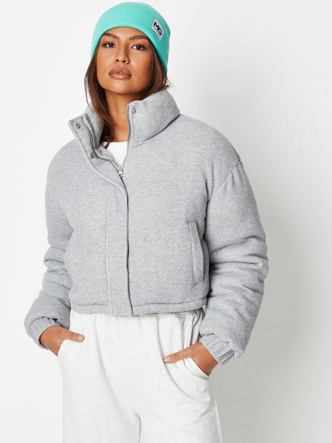 Missguided Women Grey Melange Solid Crop Padded Jacket Price in India