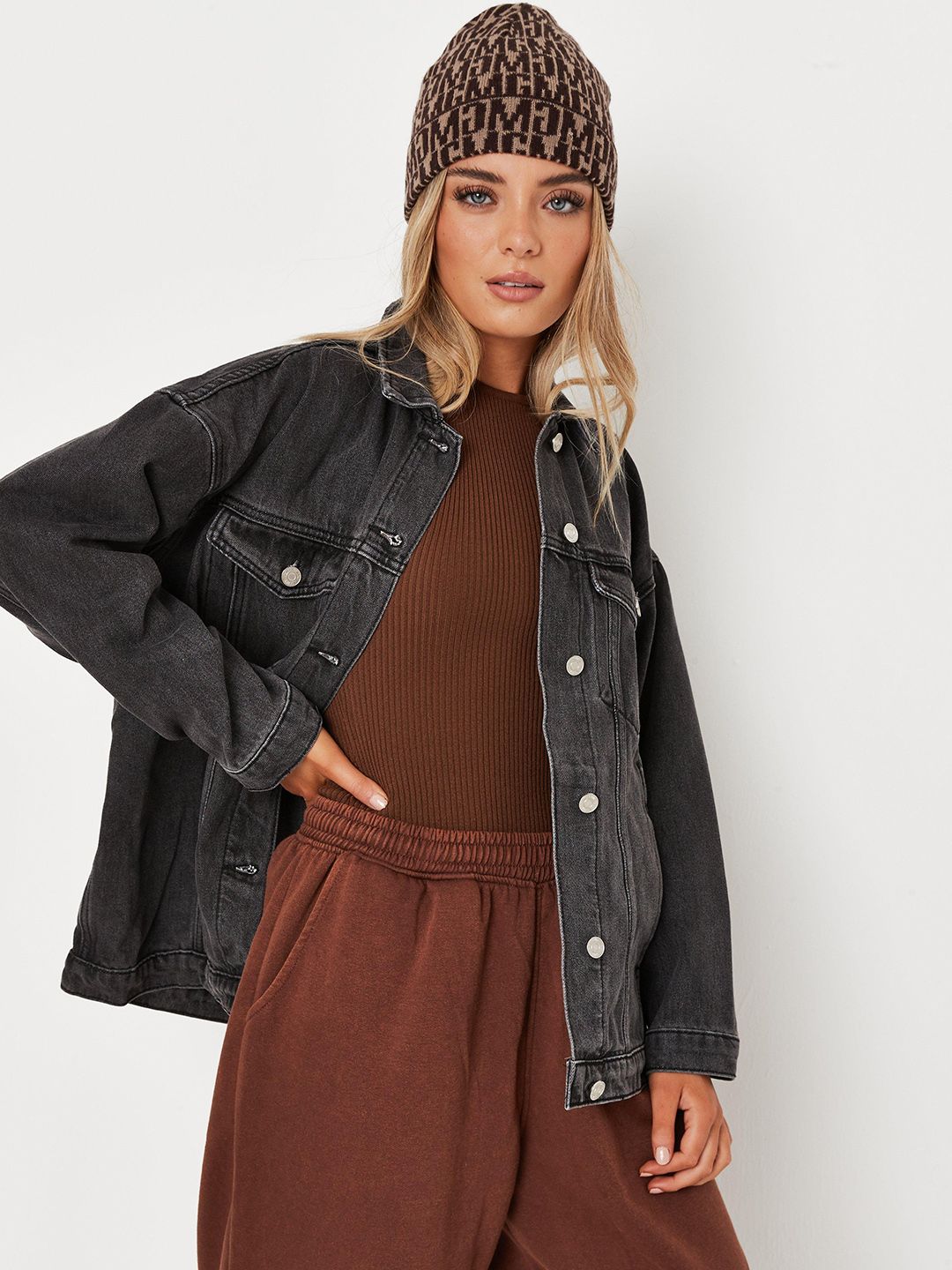 Missguided Women Charcoal Grey Solid Denim Jacket Price in India