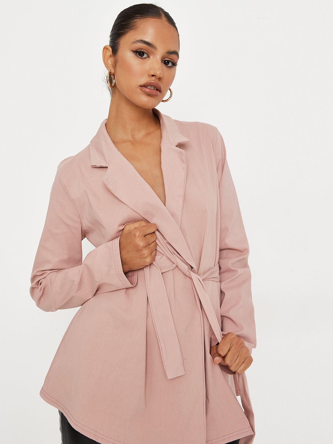 Missguided Women Pink Solid Front-Open Blazer with Belt Price in India