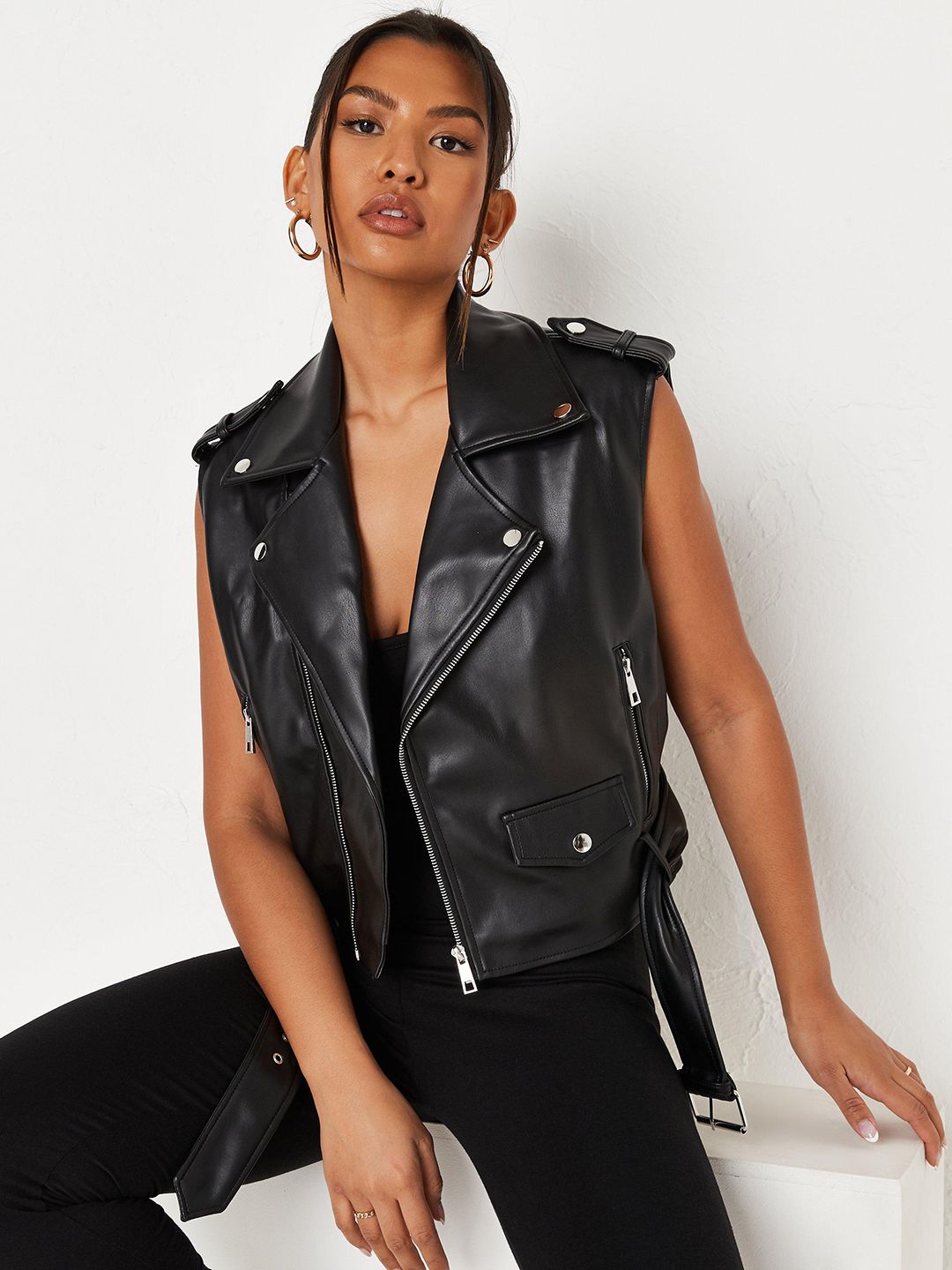 Missguided Women Black Solid Biker Jacket with Belt Price in India