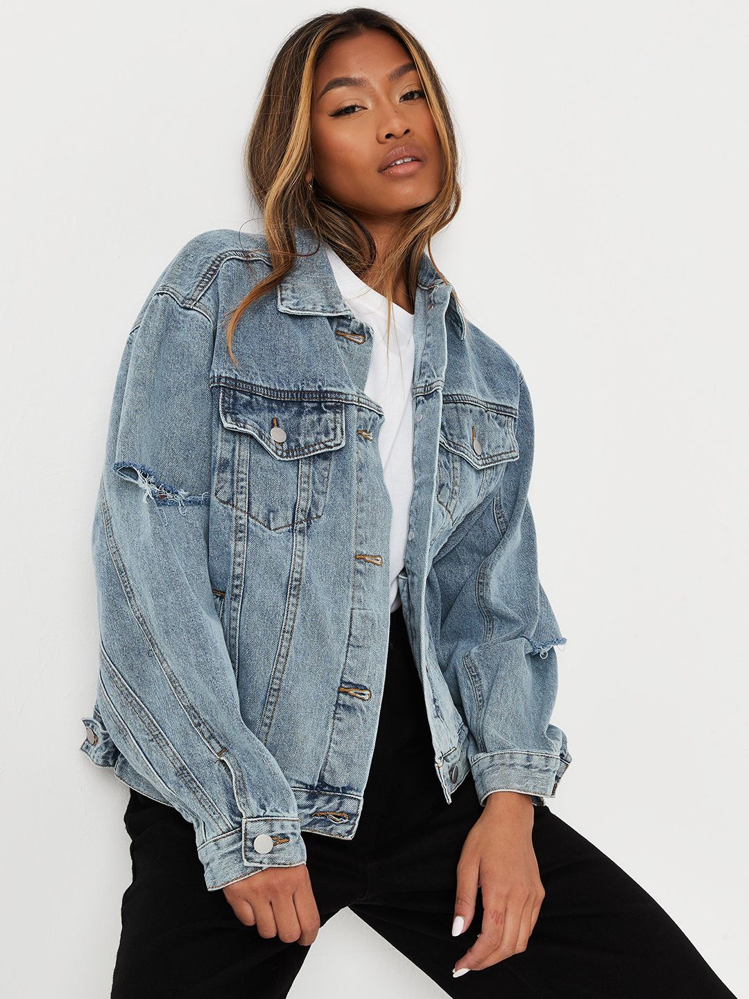 Missguided Women Blue Washed Ripped Denim Jacket Price in India