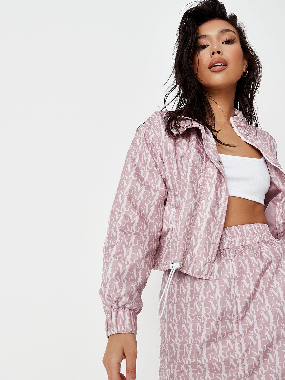 Missguided Women Mauve & White Typography Printed Polyester Regular Open Front Jacket Price in India