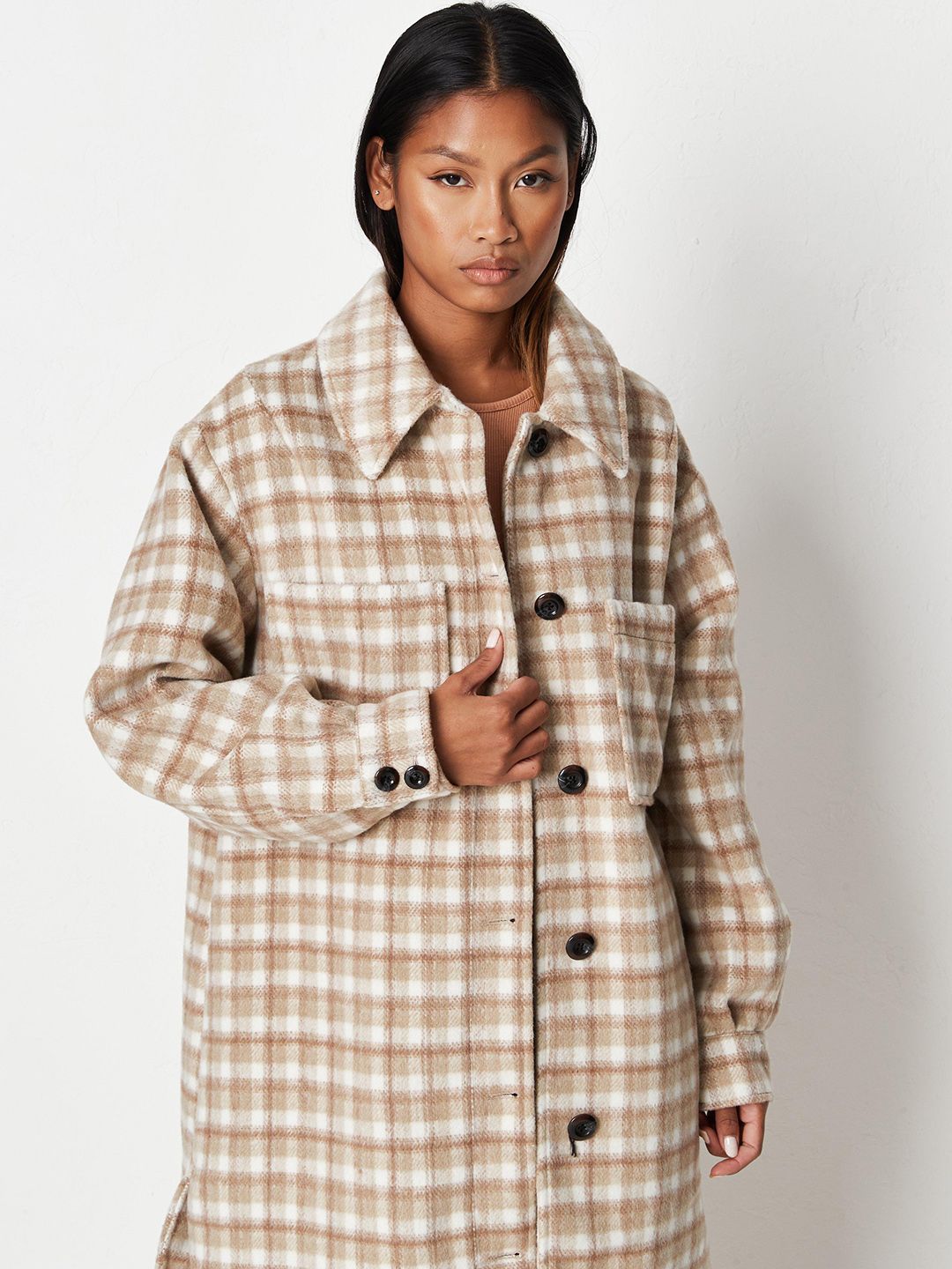 Missguided Women Beige & White Checked Longline Duster Jacket Price in India