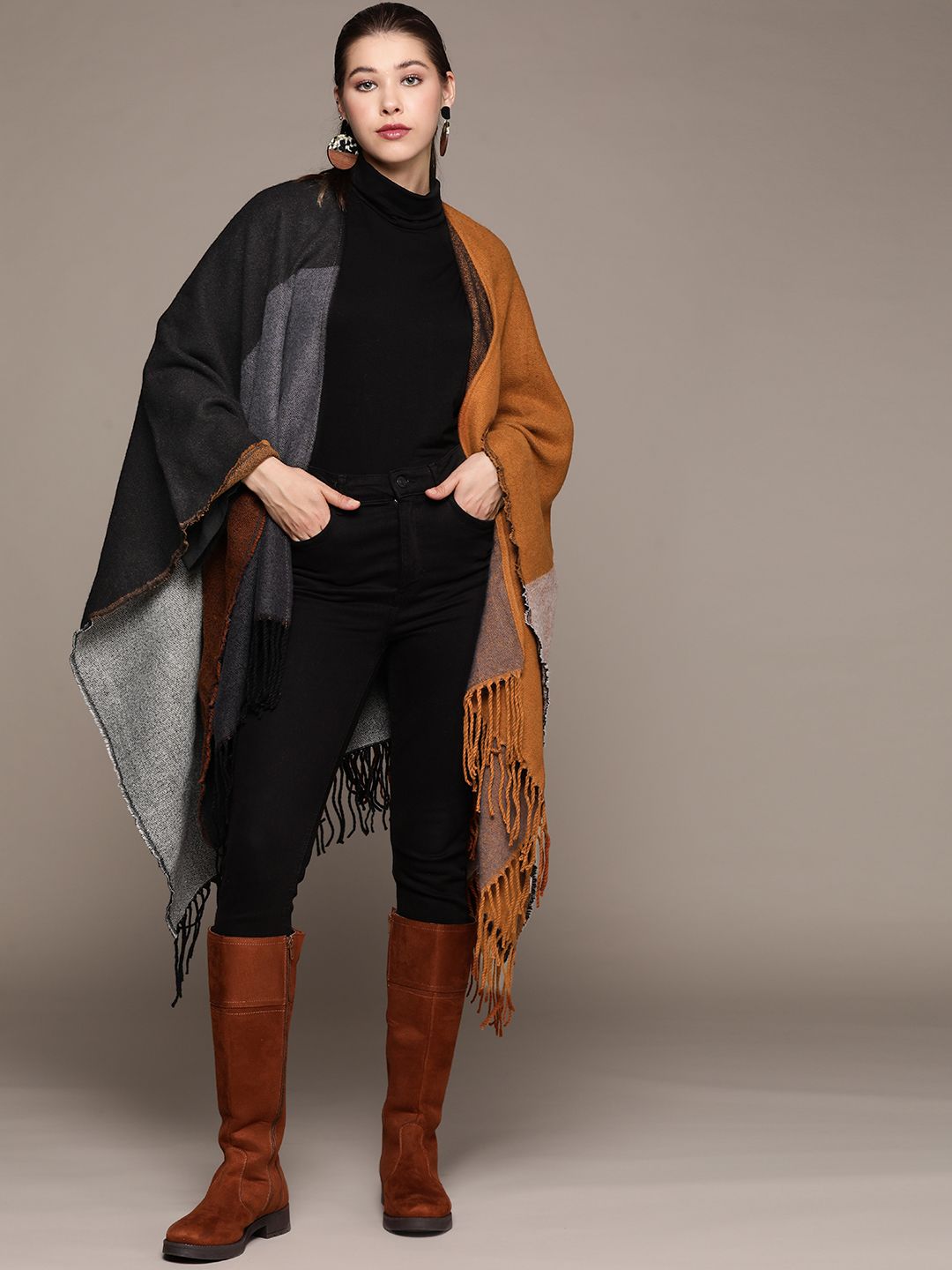 aarke Ritu Kumar Women Black & Brown Colourblocked Longline Shrug Price in India