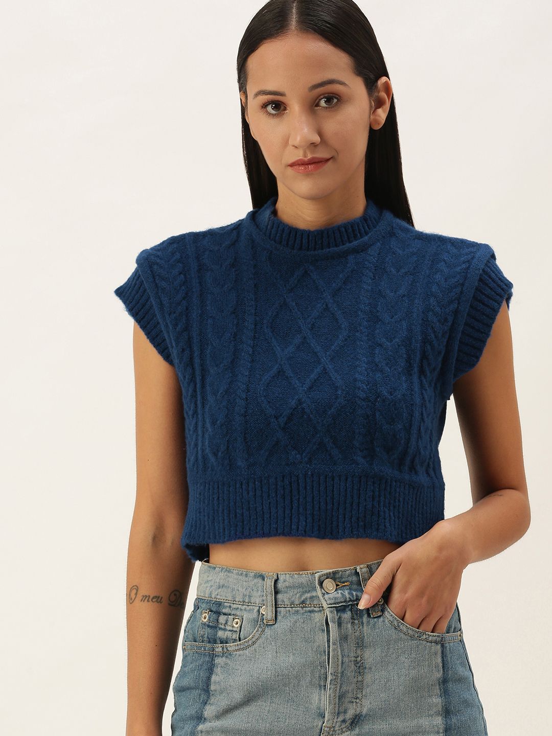 STREET 9 Women Navy Blue Acrylic Cable Knit Crop Sweater Vest Price in India