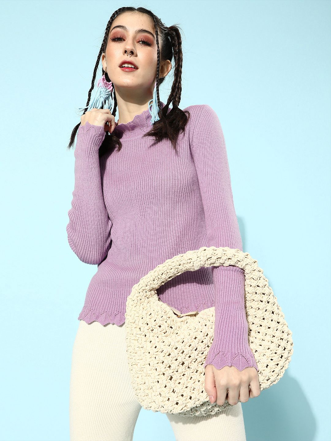 STREET 9 Women Lavender Acrylic Ribbed Pullover Price in India