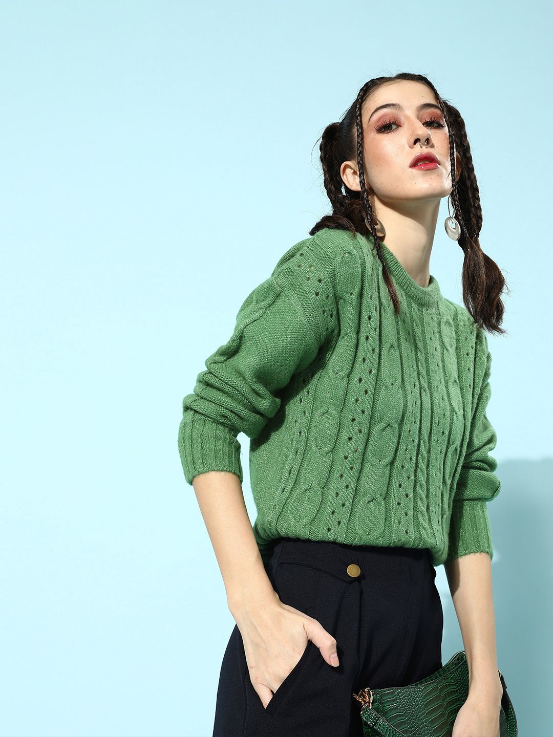 STREET 9 Women Green Cable Knit Acrylic Pullover Price in India