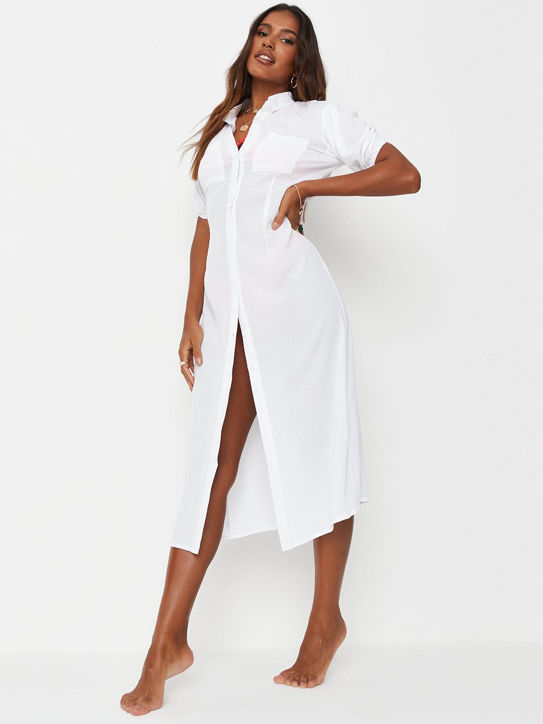Missguided Women Off-White Solid Cover Up Shirt Style Dress Price in India