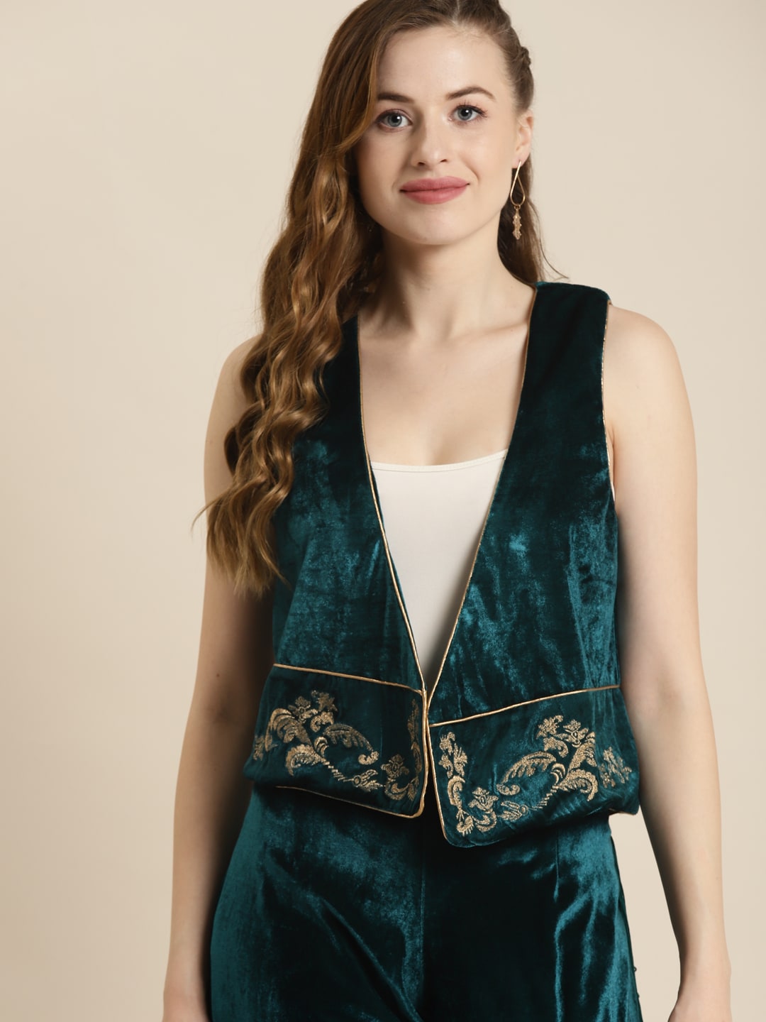 Shae by SASSAFRAS Women Teal Velvet Embellished Waistcoat Price in India