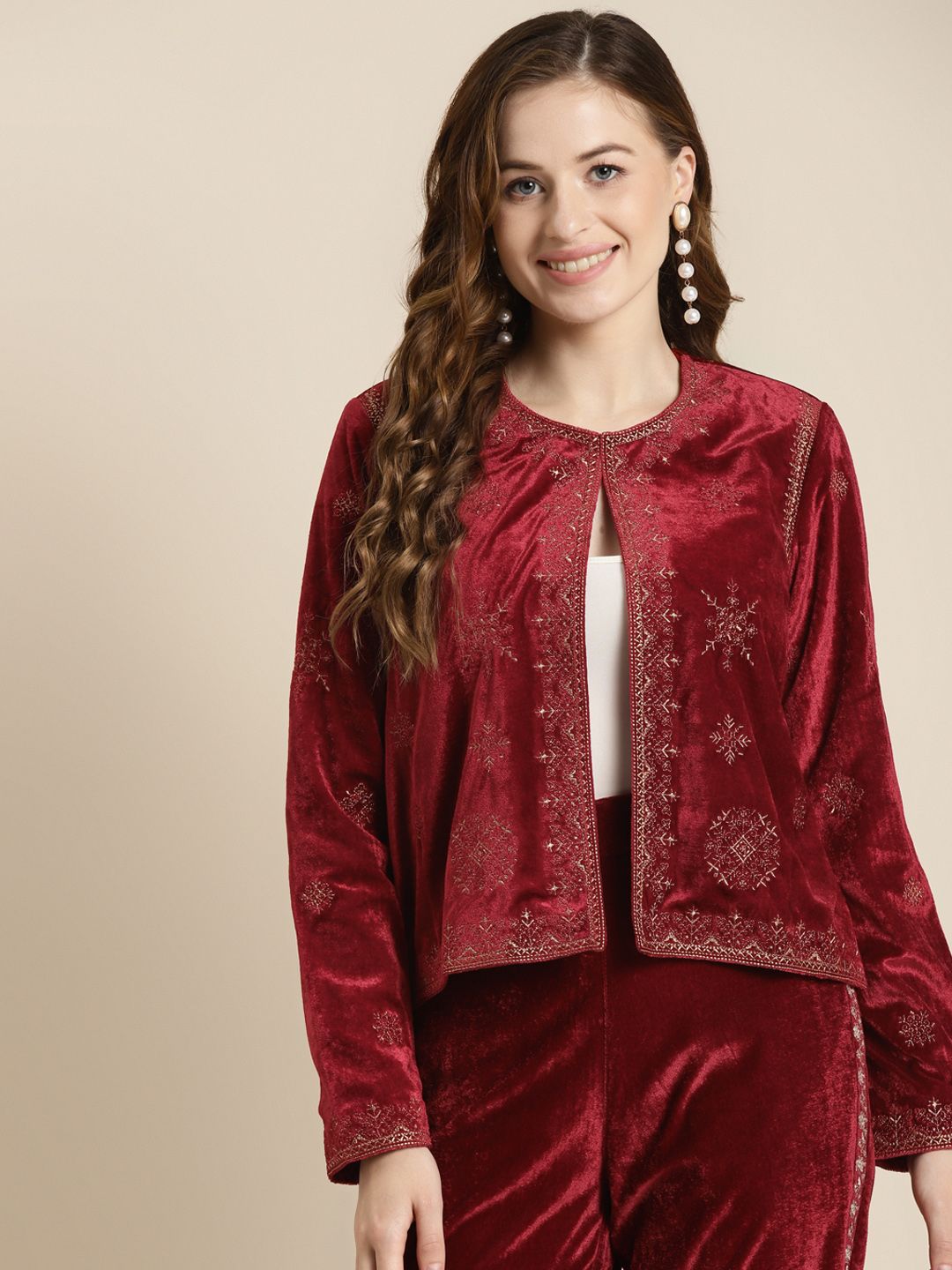 Shae by SASSAFRAS Women Maroon Floral Open Front Jacket Price in India