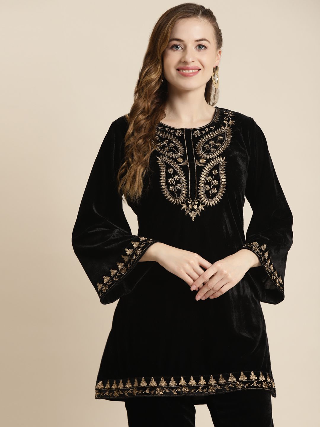 Shae by SASSAFRAS Black & Gold-Toned Ethnic Motifs Embroidered Flared Sleeves Velvet Kurti Price in India