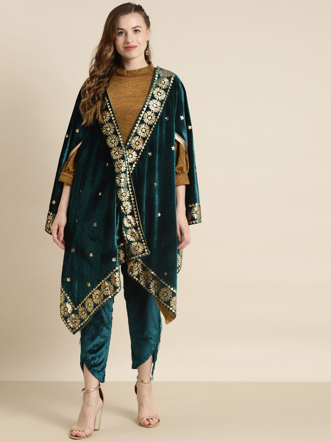 Shae by SASSAFRAS Women Teal Green Velvet Foil Print Cape Jacket Price in India