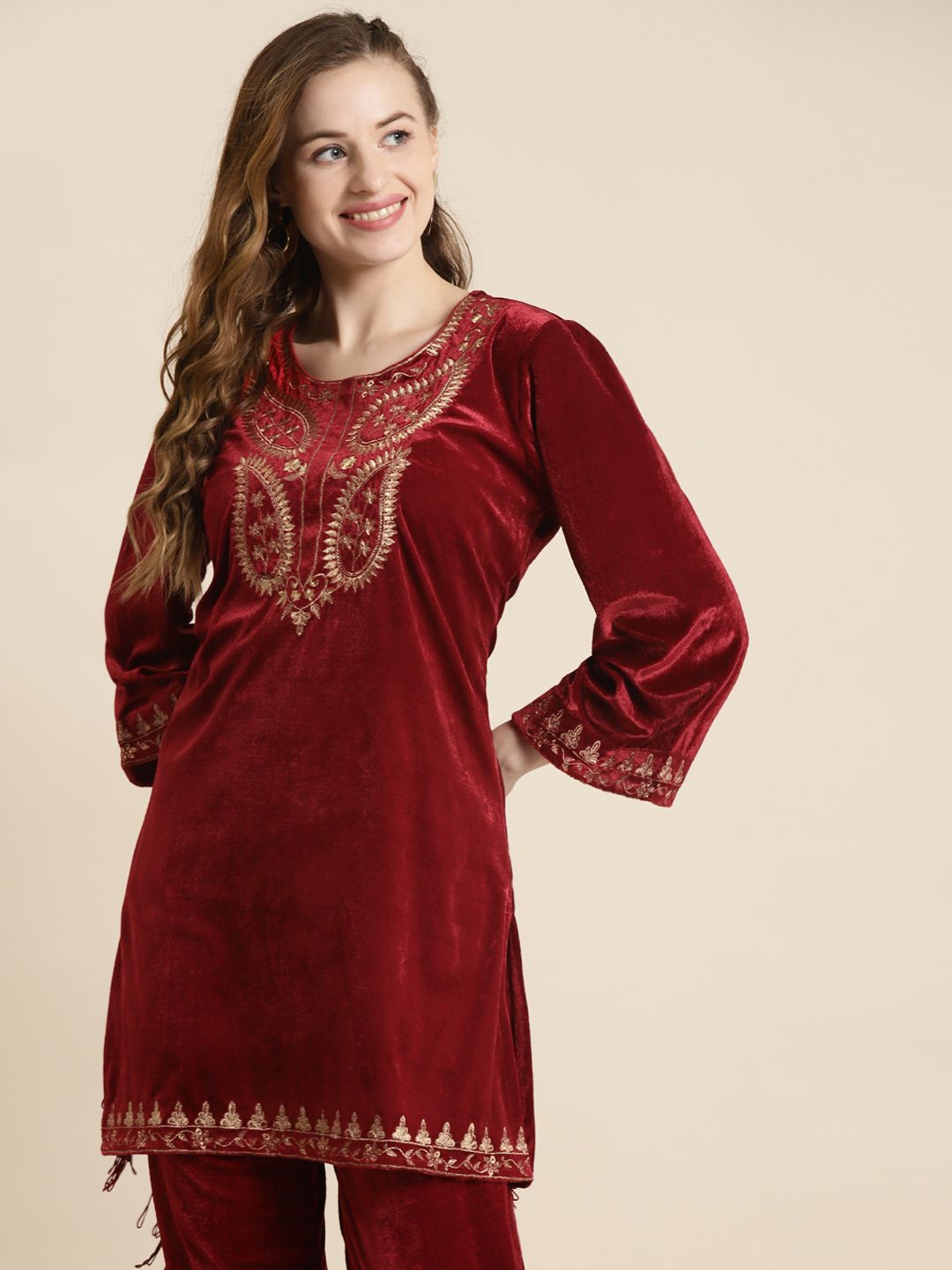 Shae by SASSAFRAS Maroon & Gold-Toned Ethnic Motifs Embroidered Velvet Kurti Price in India