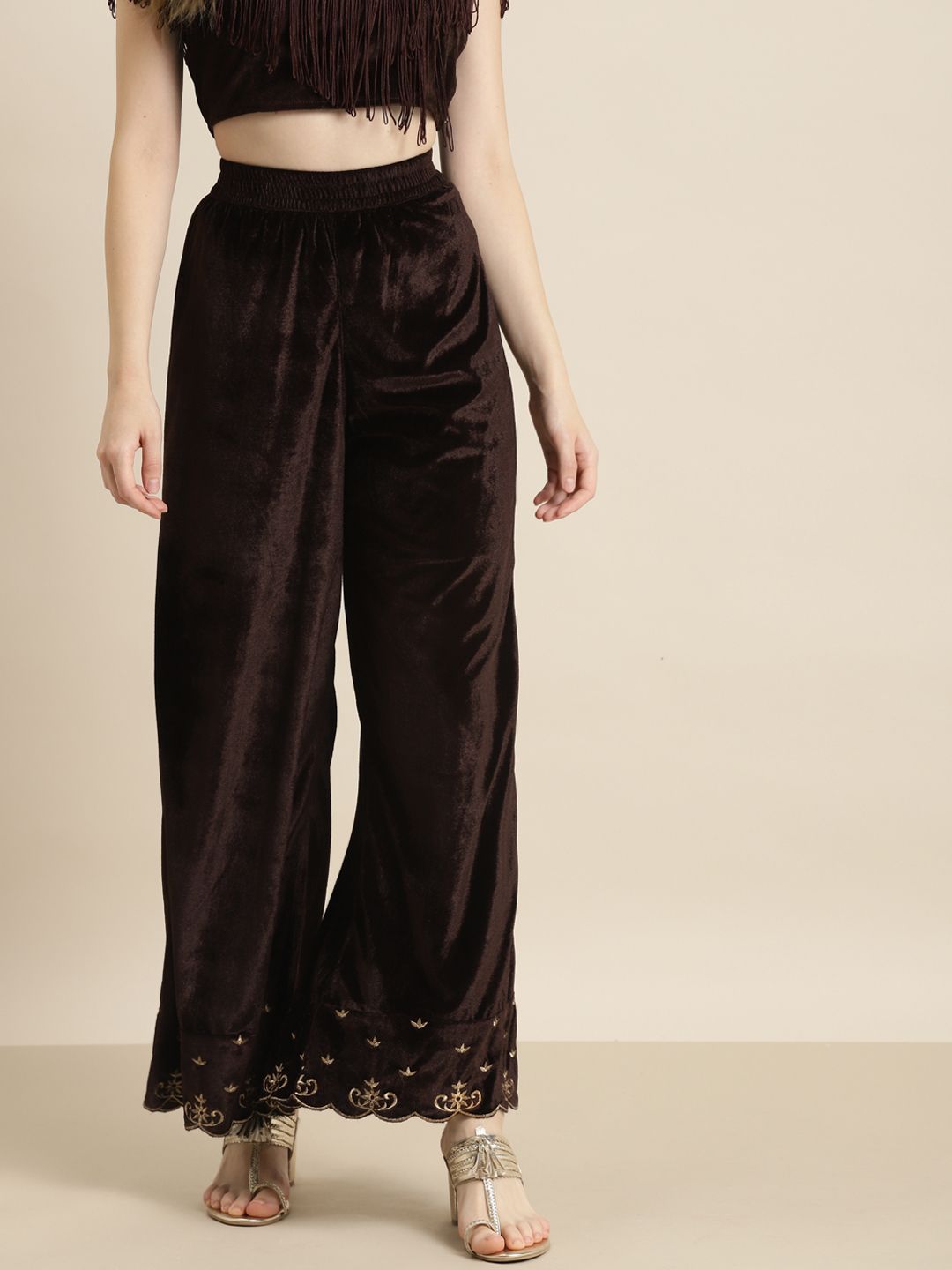 Shae by SASSAFRAS Women Brown Embroidered Parallel Trousers Price in India