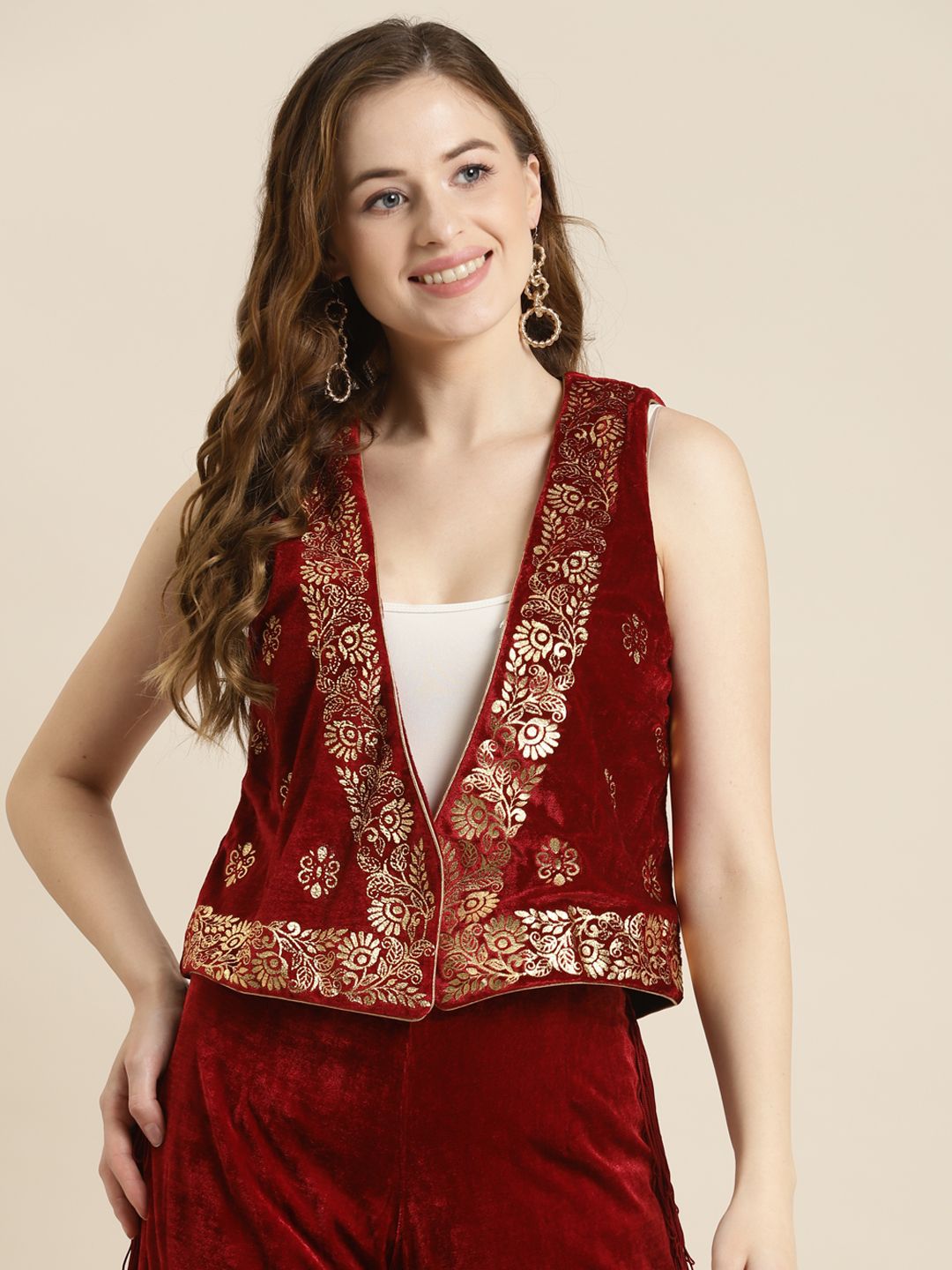Shae by SASSAFRAS Women Maroon Foil Print Velvet Waistcoat Price in India