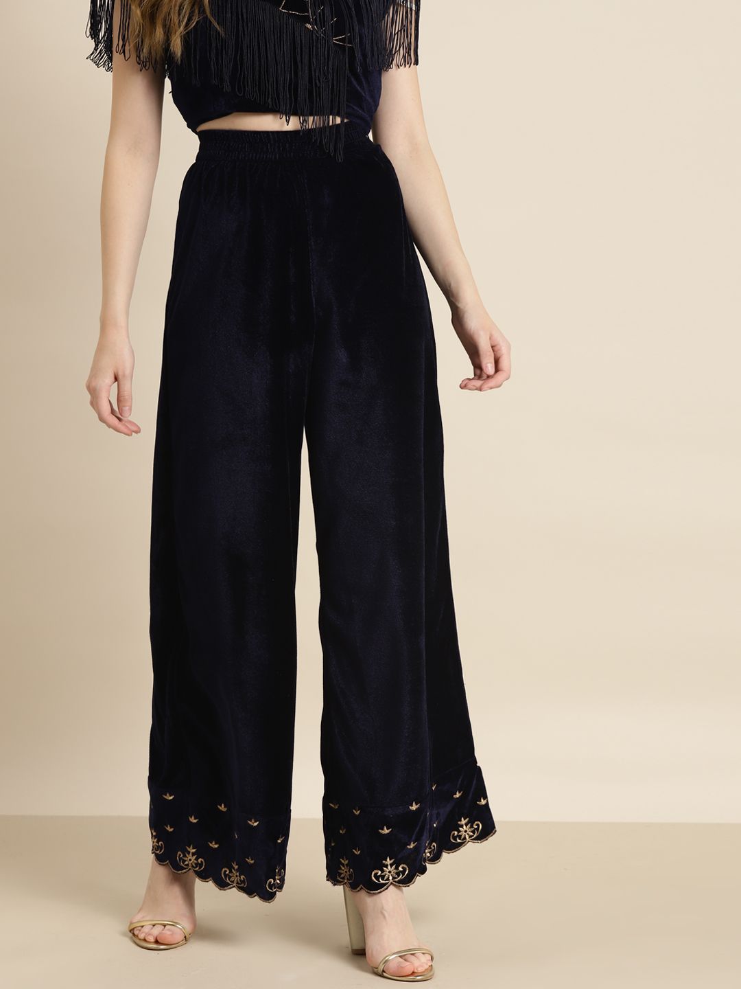Shae by SASSAFRAS Women Navy Blue Embroidered Parallel Trousers Price in India