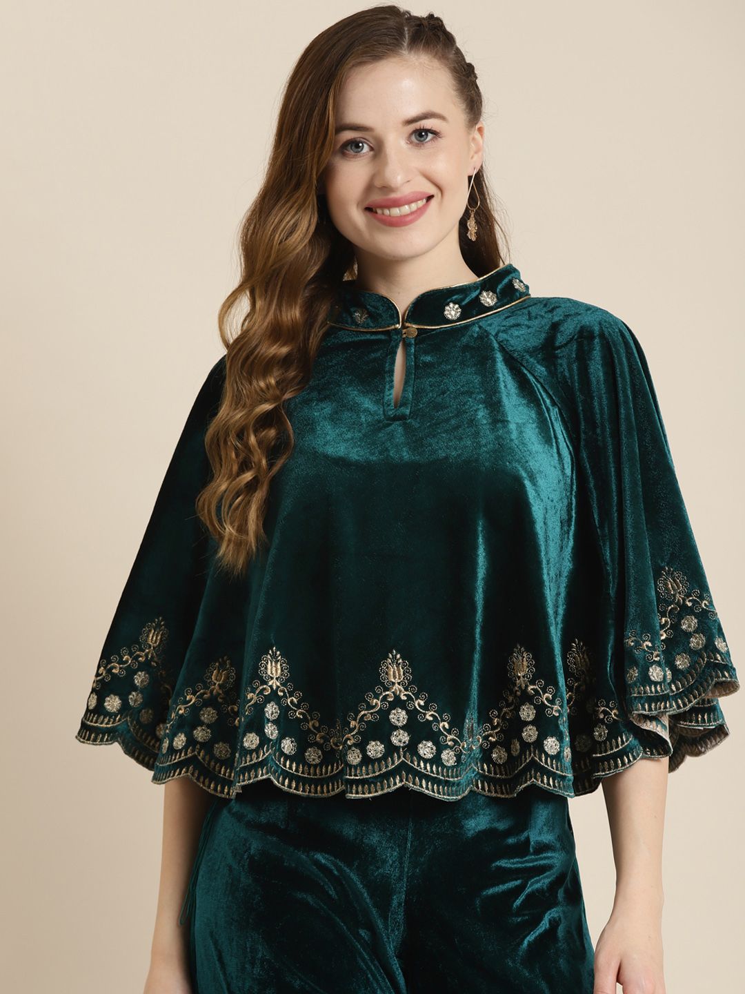 Shae by SASSAFRAS Women Teal Blue Gold-Toned Poncho Jacket Price in India