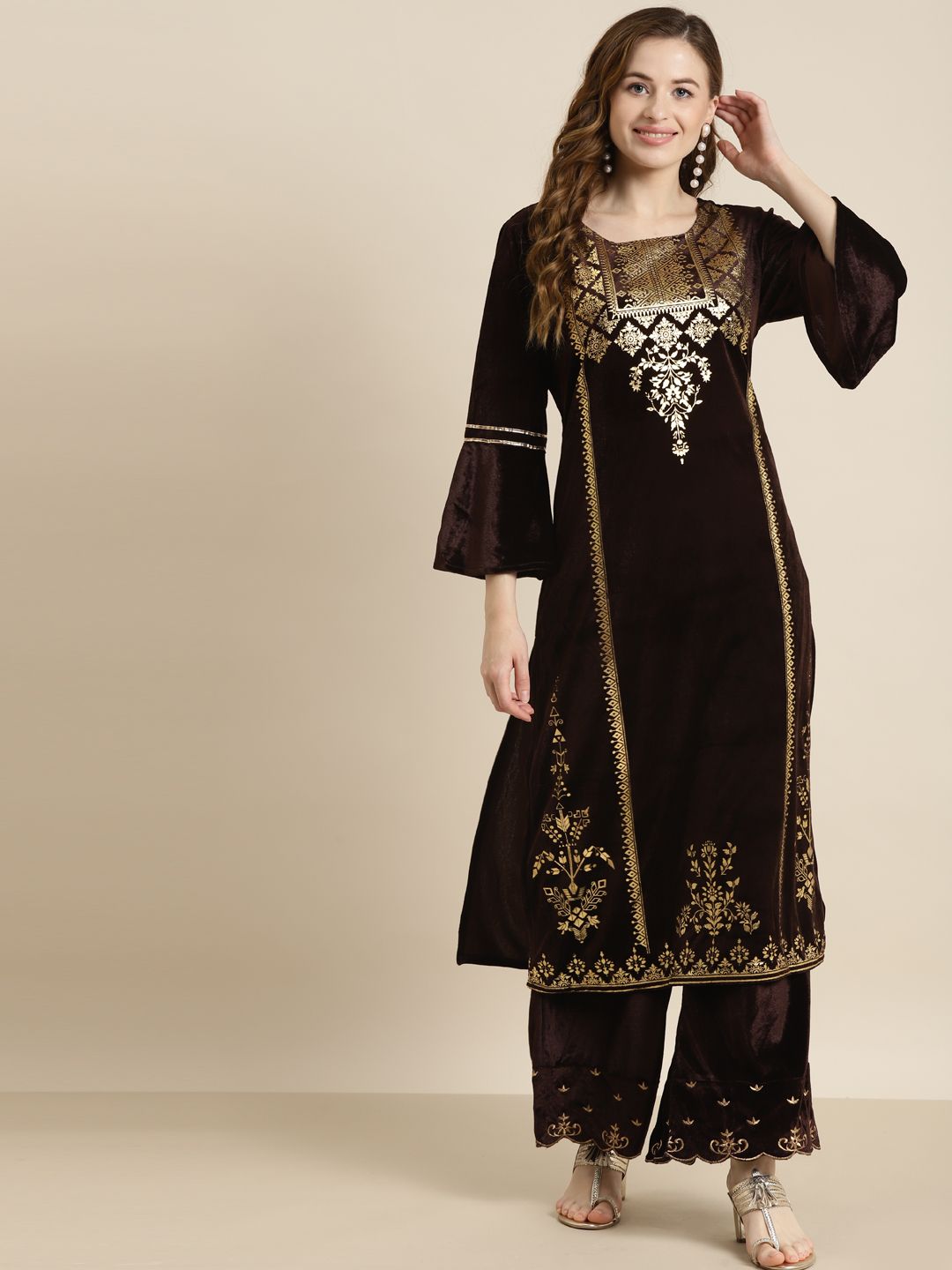 Shae by SASSAFRAS Women Brown & Gold-Toned Bell Sleeves Velvet Kurta Price in India