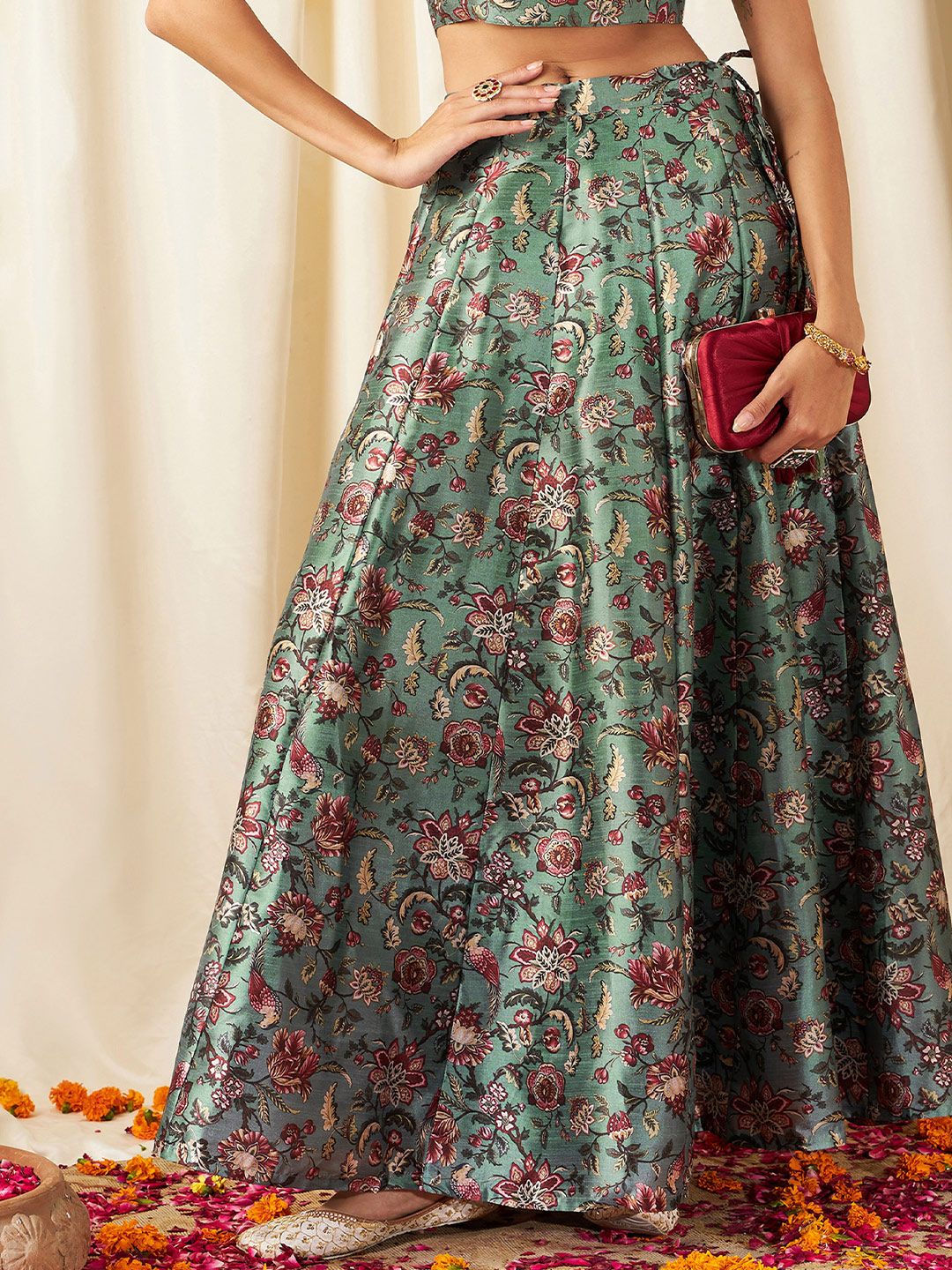 Shae by SASSAFRAS Women Olive Green Floral Print Anarkali Skirt Price in India