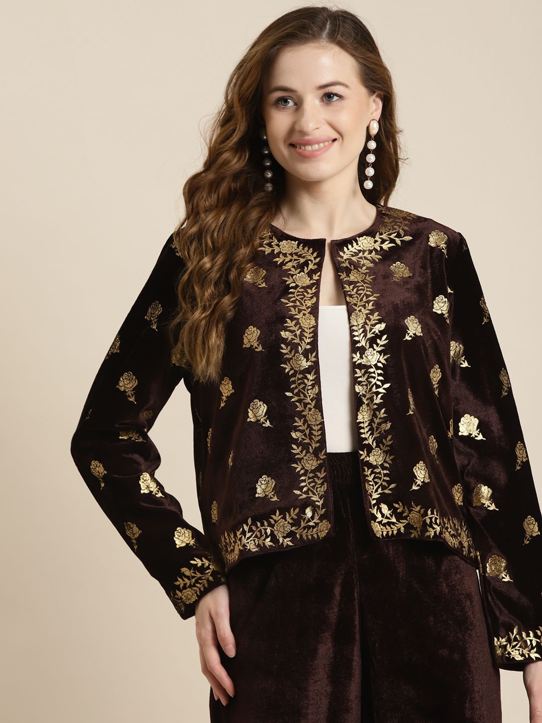 Shae by SASSAFRAS Women Brown Gold-Toned Floral Open Front Jacket Price in India