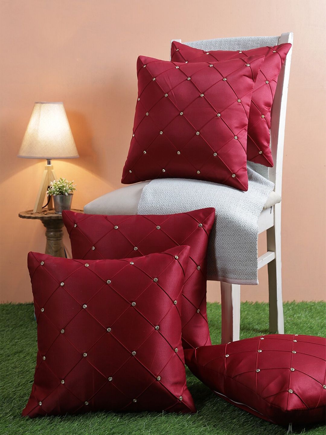 ROMEE Maroon Set of 5 Embellished Square Cushion Covers Price in India