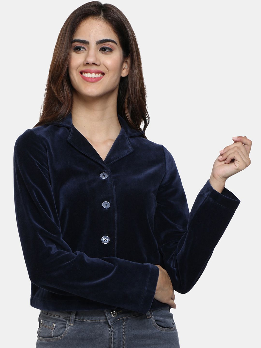 IX IMPRESSION Women Navy Blue Velvet Crop Tailored Jacket Price in India