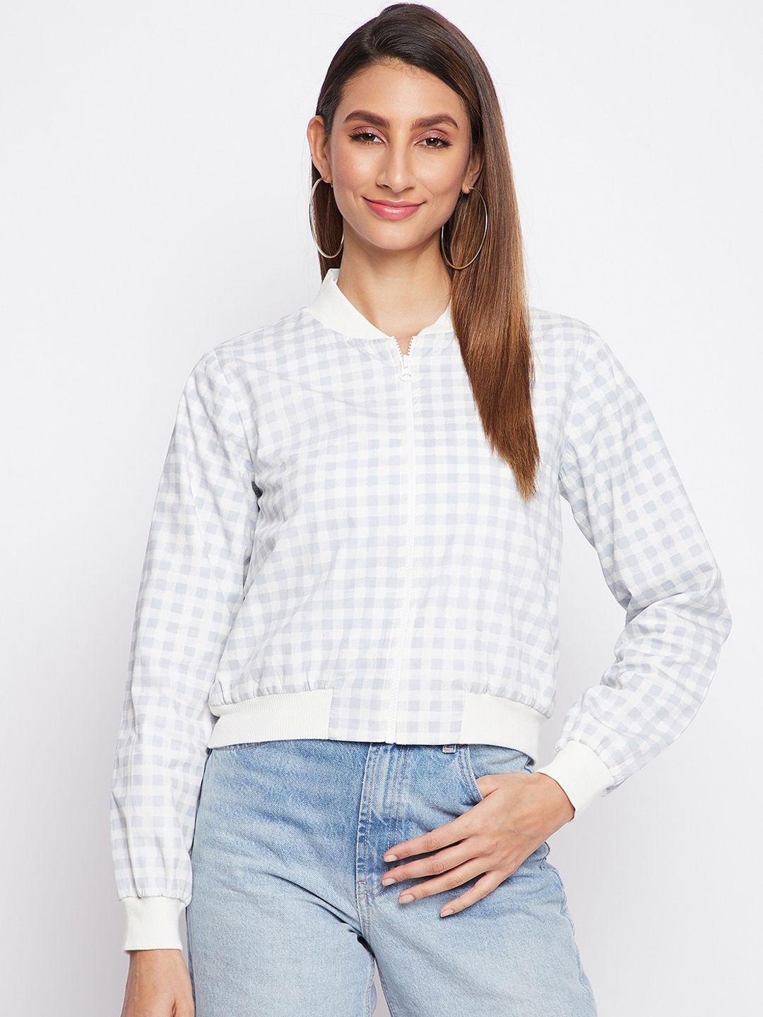 sandy AND ritz Women Blue Checked Lightweight Crop Tailored Jacket Price in India