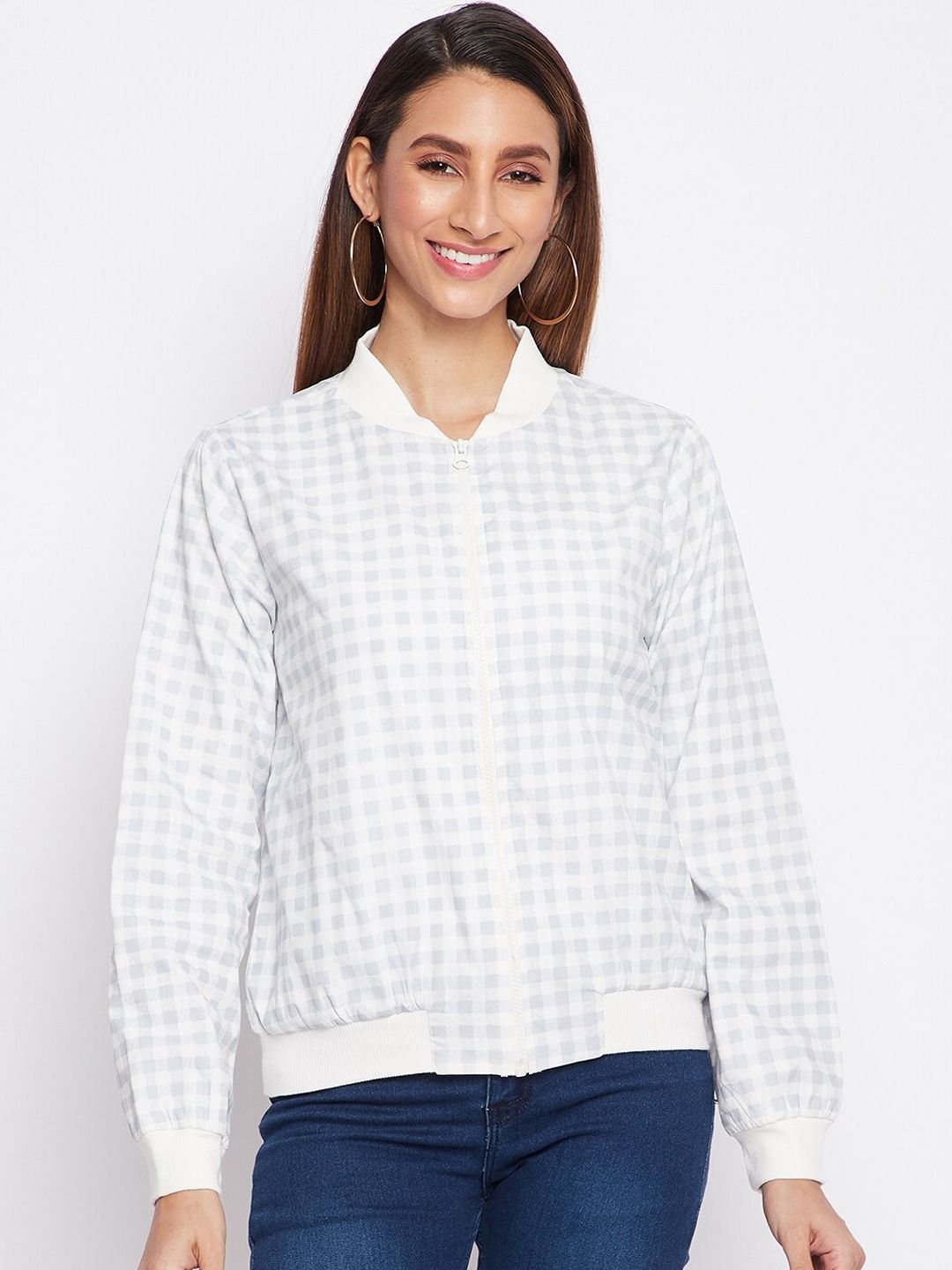 sandy AND ritz Women Blue White Checked Lightweight Bomber Jacket Price in India