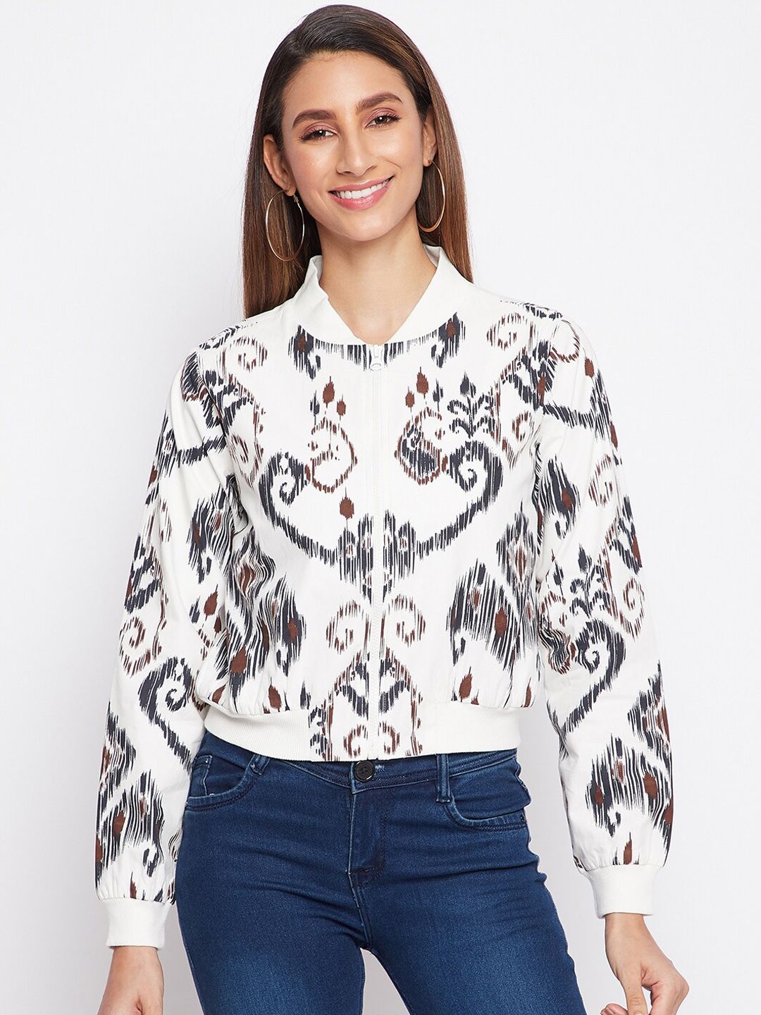 sandy AND ritz Women White Black Floral Lightweight Crop Tailored Jacket Price in India