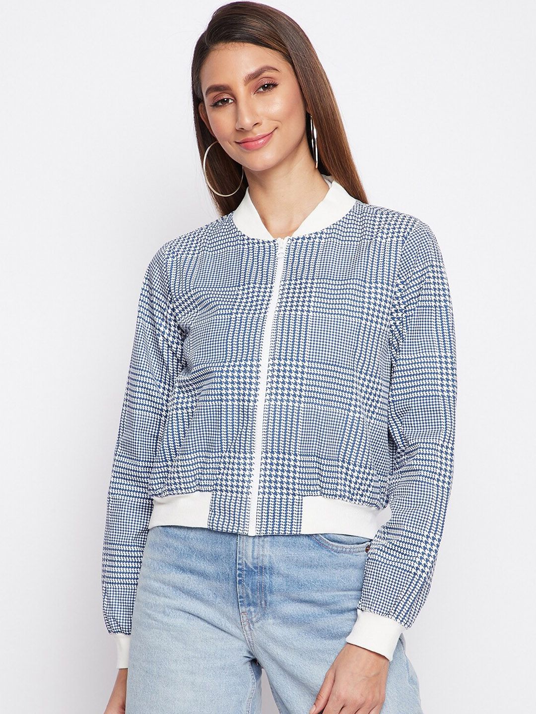 sandy AND ritz Women Blue White Checked Lightweight Crop Tailored Jacket Price in India