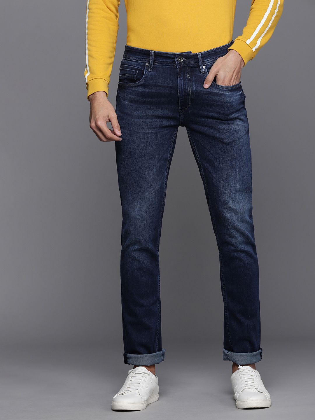 Louis Philippe Jeans Men Navy Blue Slim Fit Mid-Rise Light Fade Jeans
